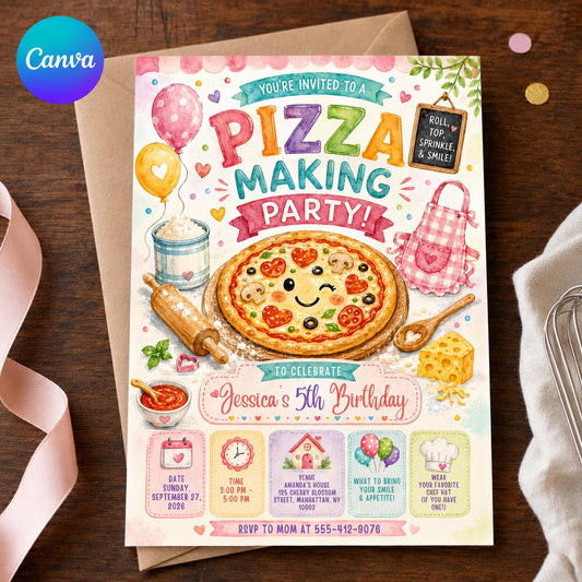 Pizza Making Birthday Invitation, Kids Cooking Party Invite, 5th Birthday Chef Party, Editable Invitation Canva Template