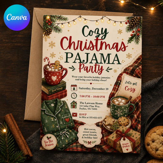 Christmas Pajama Party Invitation, Cozy Holiday PJ Party Invite, Christmas Sleepover Editable Invite, Canva Template