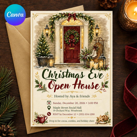 Christmas Open House Invitation — editable Canva template