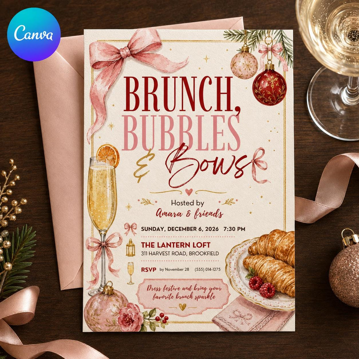 Brunch Bubbles & Bows Invitation, Christmas Brunch Invite, Holiday Party Editable Digital Invitation Canva Template