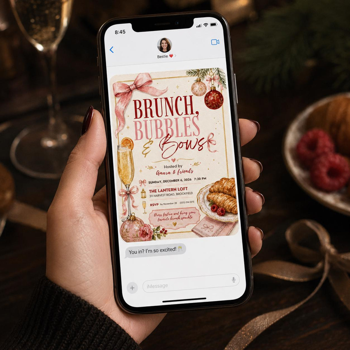 Brunch Bubbles & Bows Invitation, Christmas Brunch Invite, Holiday Party Editable Digital Invitation Canva Template
