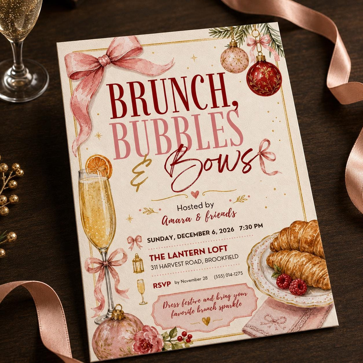 Brunch Bubbles & Bows Invitation, Christmas Brunch Invite, Holiday Party Editable Digital Invitation Canva Template