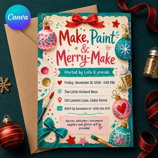 Christmas Ornament Painting Party Invitation, Holiday Craft Night Invite, DIY Friends Gathering, Editable Canva Template