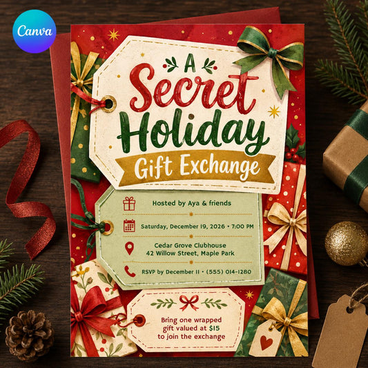 Secret Santa Gift Exchange Invitation: Christmas Holiday Party — editable Canva template
