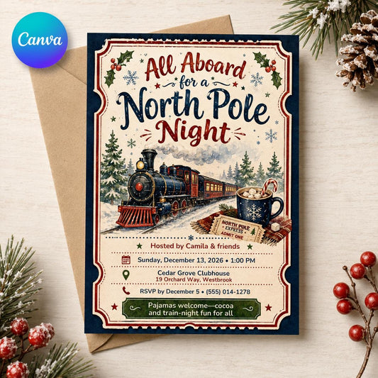 North Pole Night Invitation, Christmas Train Pajama Party Invite, Winter Holiday Event, Editable Canva Template