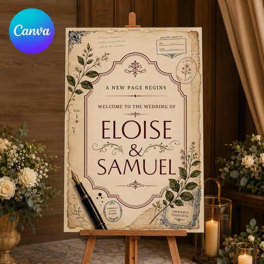 Vintage Book Wedding Welcome Sign, Literary Library Reception Decor, Editable Printable Canva Template