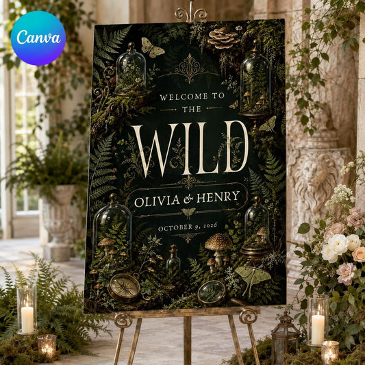 Enchanted Forest Wedding Welcome Sign, Woodland Botanical Wedding Sign, Dark Green Printable Welcome Board, Canva Template
