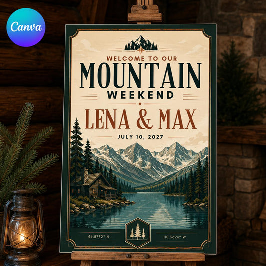 Mountain Wedding Welcome Sign, Rustic Cabin Weekend Sign, Lake Lodge Event Decor, Editable Canva Template