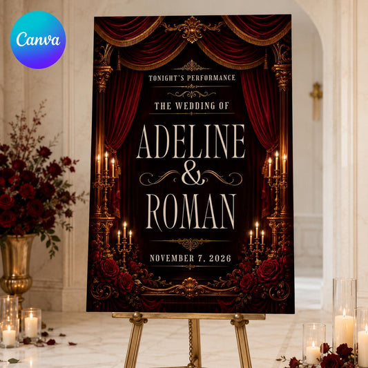 Gothic Wedding Welcome Sign, Theater Wedding Decor, Burgundy Gold Wedding Sign, Editable Printable Canva Template