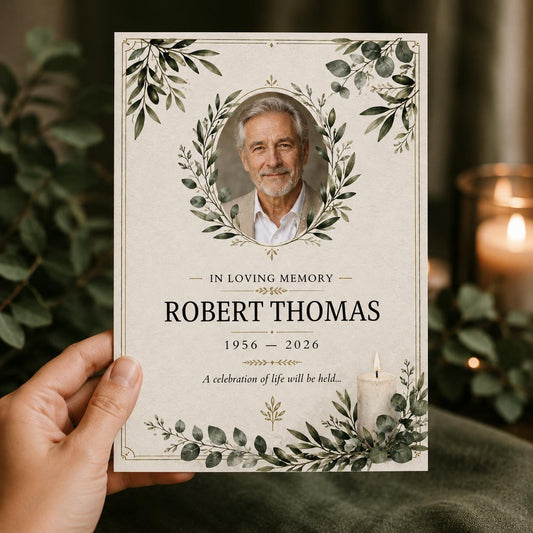Celebration of Life Invitation, Greenery Memorial Service Photo Card, Minimal Funeral Announcement Canva Template