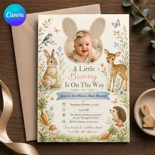 Bunny Baby Shower Invitation, Little Bunny Woodland Photo Invite, Floral Rabbit Editable Canva Template