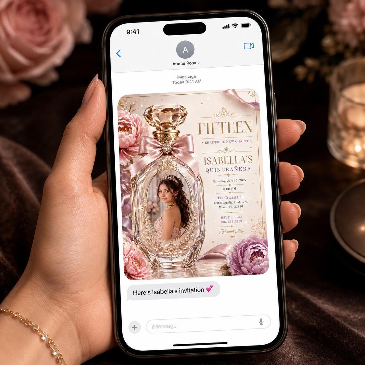 Quinceanera Invitation, Pink Perfume Bottle Photo Invite, Luxury Floral Sweet 15 Editable Canva Template