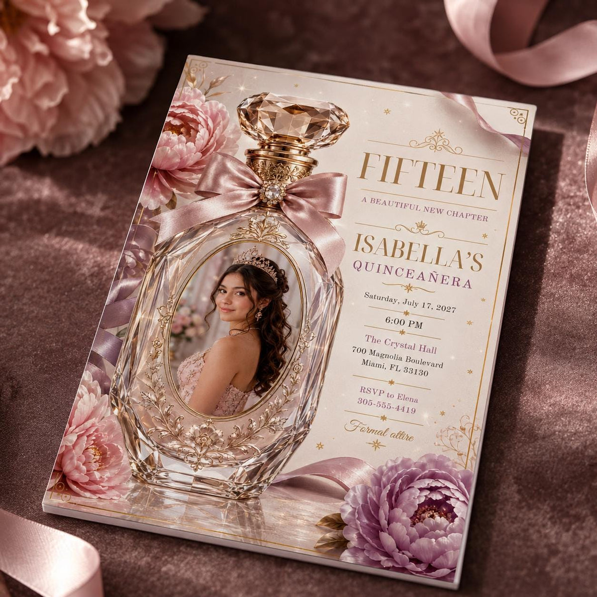 Quinceanera Invitation, Pink Perfume Bottle Photo Invite, Luxury Floral Sweet 15 Editable Canva Template
