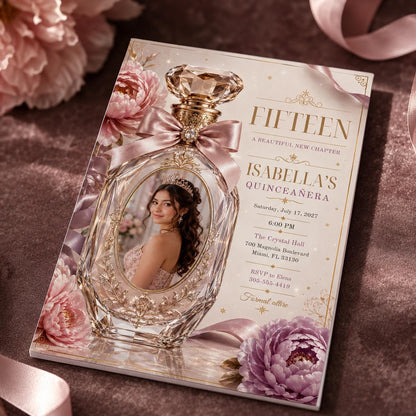 Quinceanera Invitation, Pink Perfume Bottle Photo Invite, Luxury Floral Sweet 15 Editable Canva Template