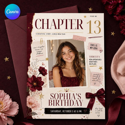 Burgundy Coquette 13th Birthday Invitation for Girls — editable Canva template