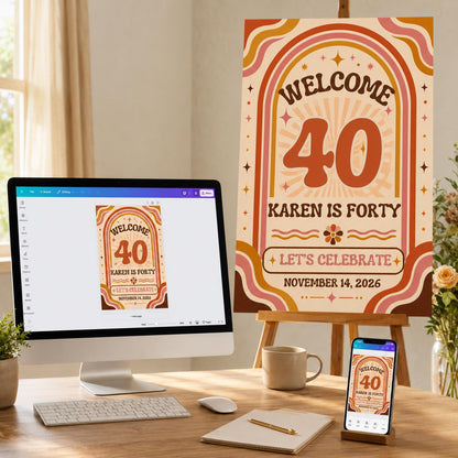 40th Birthday Welcome Sign, Retro Groovy 70s Party Poster, Orange Pink Milestone Birthday Decor, Editable Canva Template