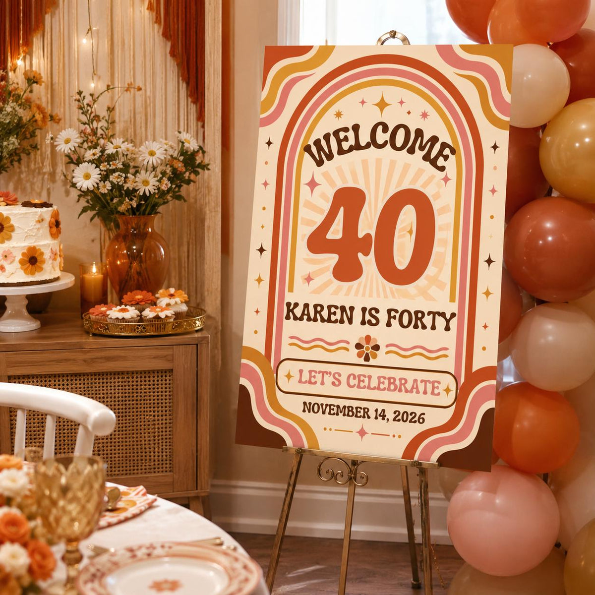 40th Birthday Welcome Sign, Retro Groovy 70s Party Poster, Orange Pink Milestone Birthday Decor, Editable Canva Template