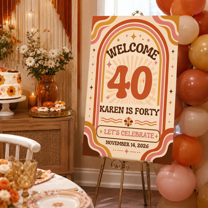 40th Birthday Welcome Sign, Retro Groovy 70s Party Poster, Orange Pink Milestone Birthday Decor, Editable Canva Template