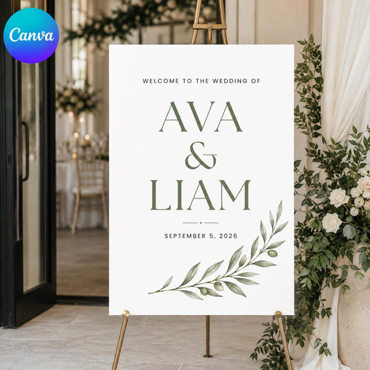 Wedding Welcome Sign, Minimalist Olive Branch Greenery Poster, Sage Botanical Entrance Decor, Editable Canva Template