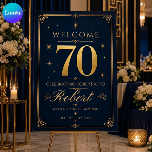 70th Birthday Welcome Sign, Navy Blue Gold Elegant Milestone Party Poster for Him or Her, Editable Canva Template