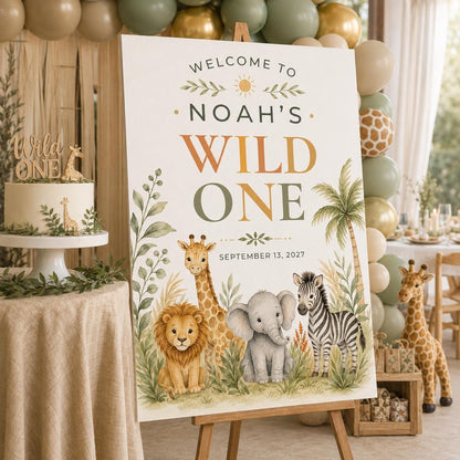 Safari Wild One Birthday Welcome Sign — welcome sign you personalize in Canva