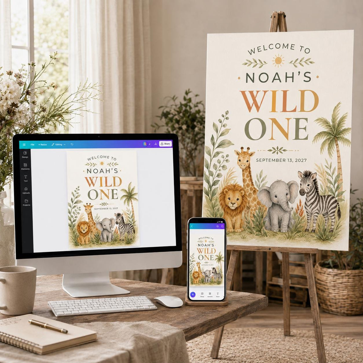 Safari Wild One Birthday Welcome Sign — print-ready first birthday design from VoltBy