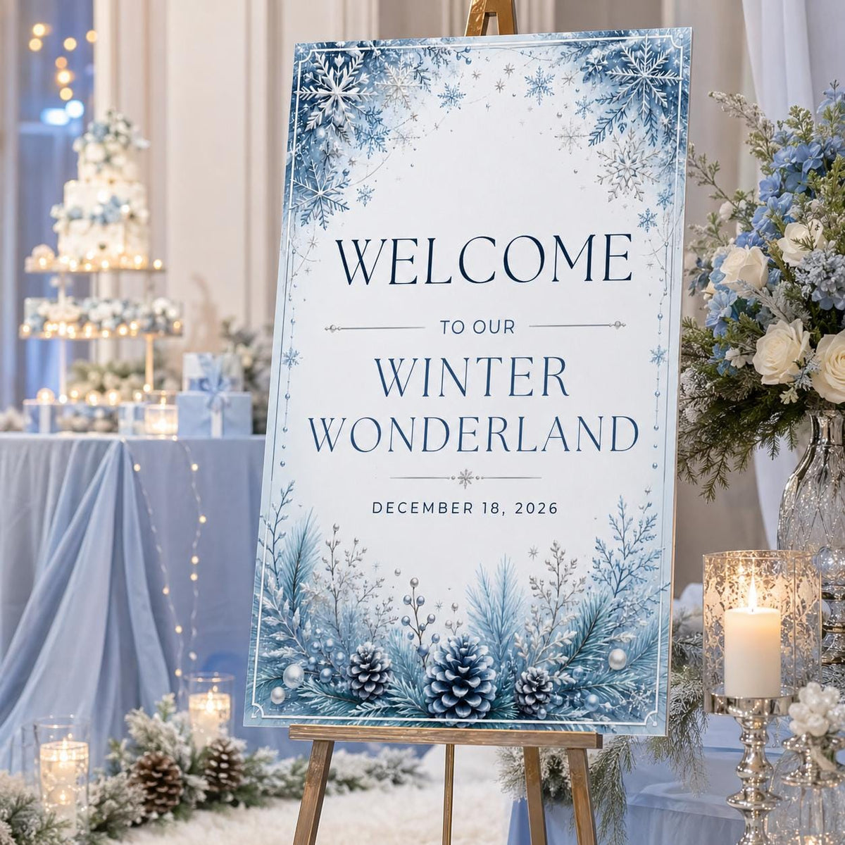 Blue and Silver Winter Wonderland Welcome Sign — snowflake design