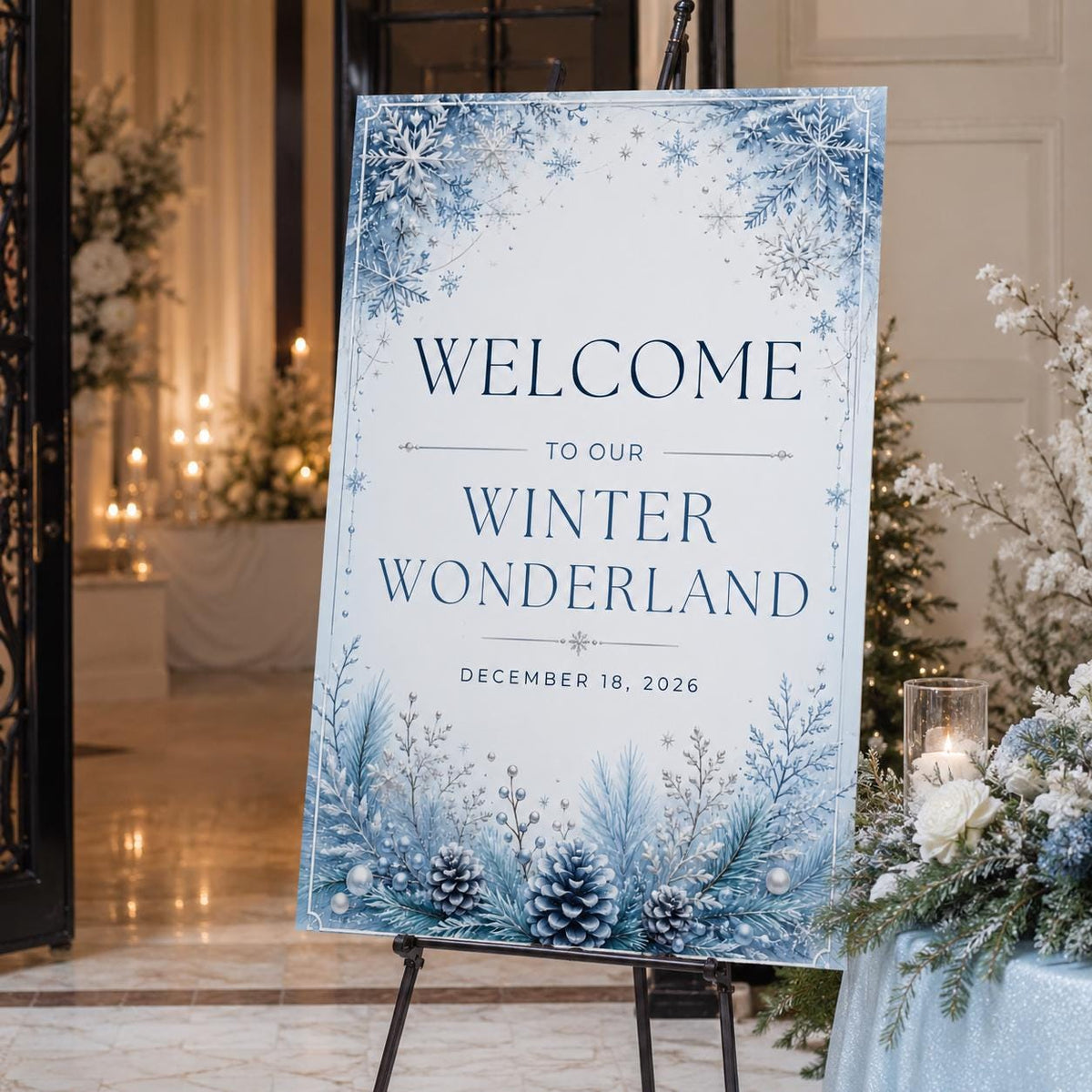 Blue and Silver Winter Wonderland Welcome Sign — print-ready celebration design from VoltBy