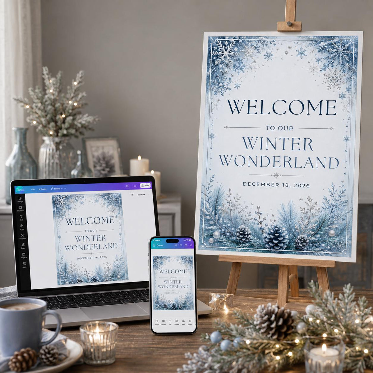Blue and Silver Winter Wonderland Welcome Sign — welcome sign you personalize in Canva