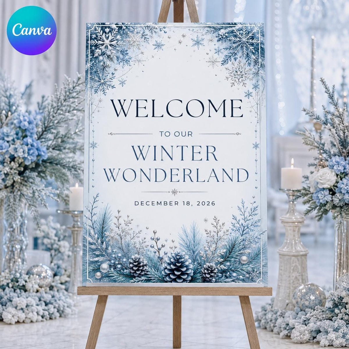 Blue and Silver Winter Wonderland Welcome Sign — editable Canva template