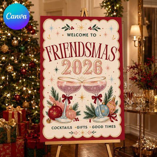 Colorful Retro Friendsmas Welcome Sign — editable Canva template