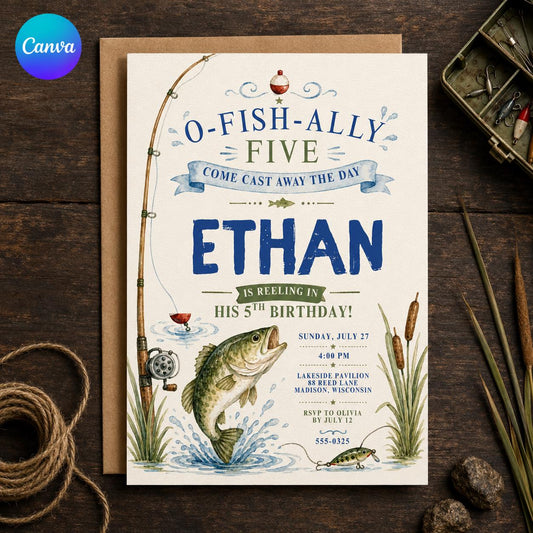 Fishing Birthday Invitation, O-Fish-Ally Five 5th Birthday Invite for Boy, Fishing Party Editable Invite, Canva Template