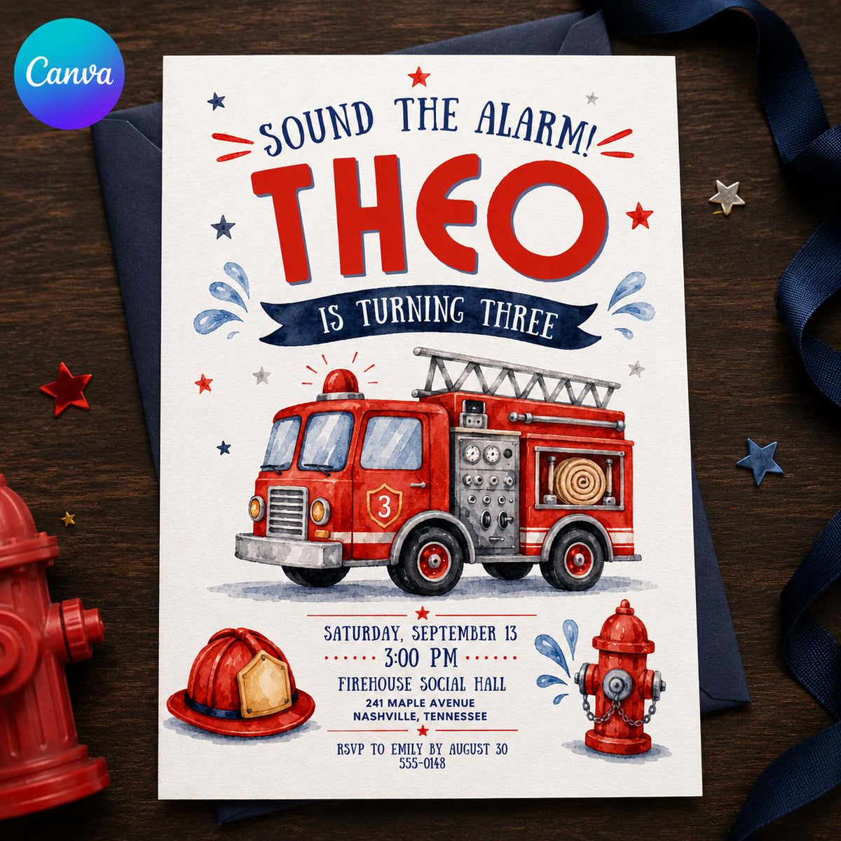 Blue and Red Firetruck 3rd Birthday Invitation for Boys — editable Canva template