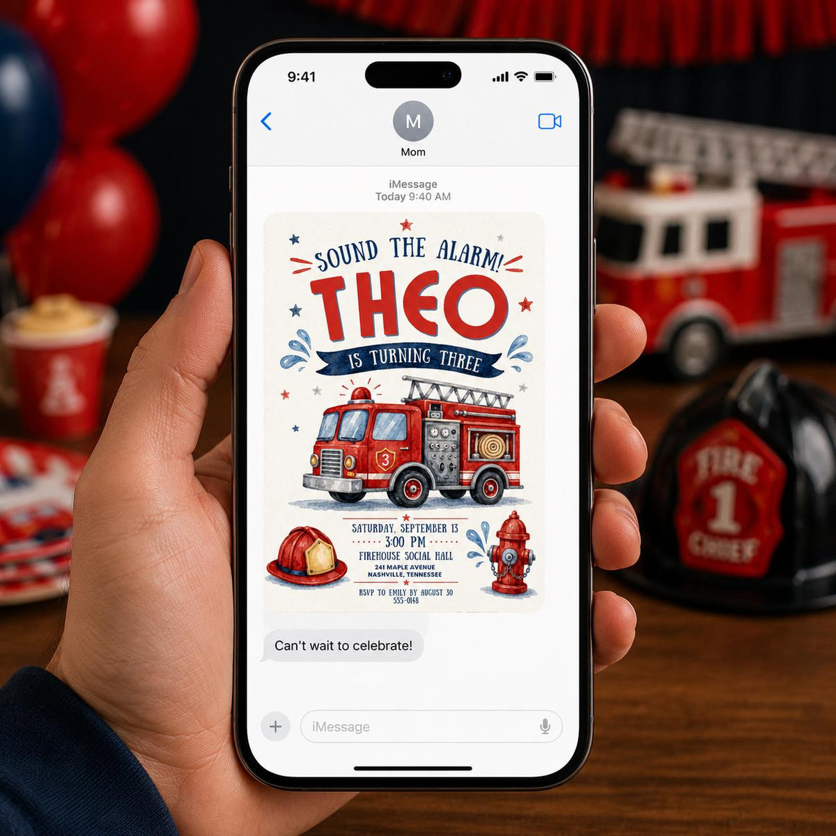 Blue and Red Firetruck 3rd Birthday Invitation for Boys — fire truck firefighter design