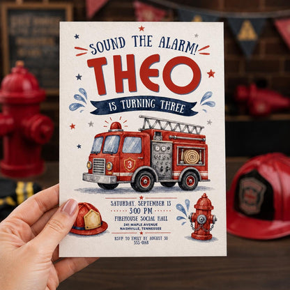 Blue and Red Firetruck 3rd Birthday Invitation for Boys — invitation you personalize in Canva