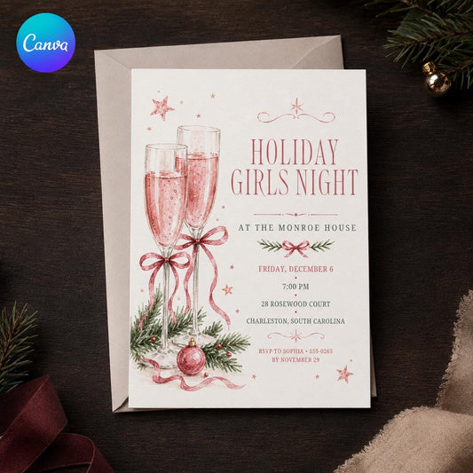 Pink Holiday Girls Night Invitation — editable Canva template