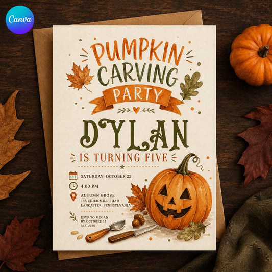 Pumpkin Carving Party Invitation, 5th Birthday Fall Party Invite, Kids Pumpkin Birthday, Editable Canva Template