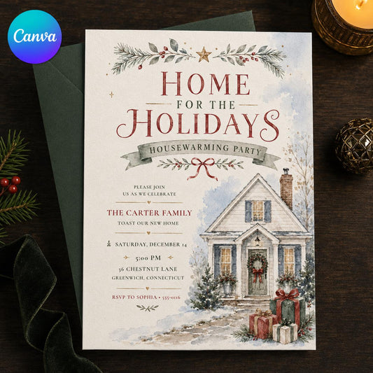 Watercolor Christmas Housewarming Invitation — editable Canva template