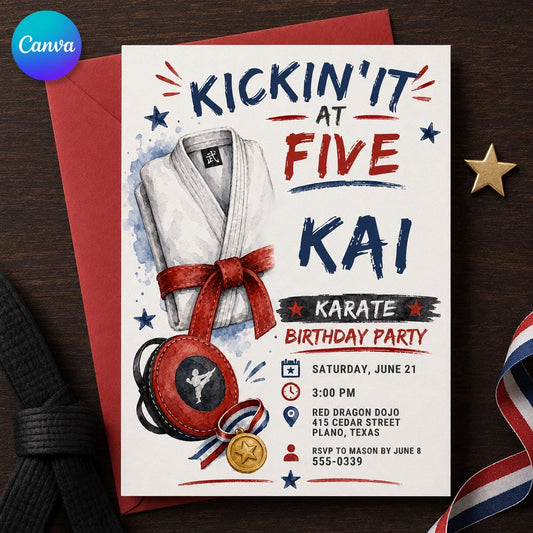 Karate Birthday Invitation, 5th Birthday Party Invite, Martial Arts Party, Editable Kids Invite, Canva Template