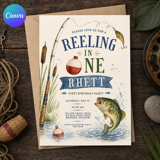 Fishing First Birthday Invitation, Reeling In One Birthday Invite, Editable Boy Fishing Party Canva Template