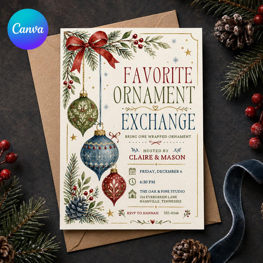 Favorite Ornament Exchange Invitation, Christmas Ornament Swap Party Invite, Editable Holiday Event, Winter Gift Exchange, Canva Template