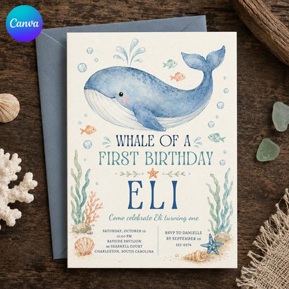 Whale First Birthday Invitation, Whale of a First Birthday Invite, Ocean Party Editable Canva Template