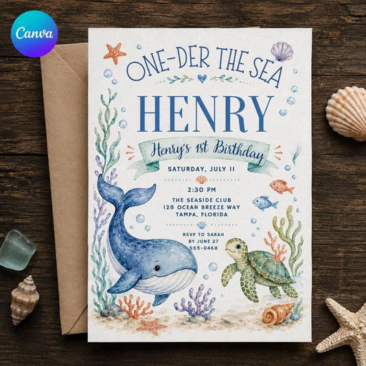 One-der the Sea First Birthday Invitation, Under the Sea Birthday Invite, Whale Turtle Party Editable Canva Template