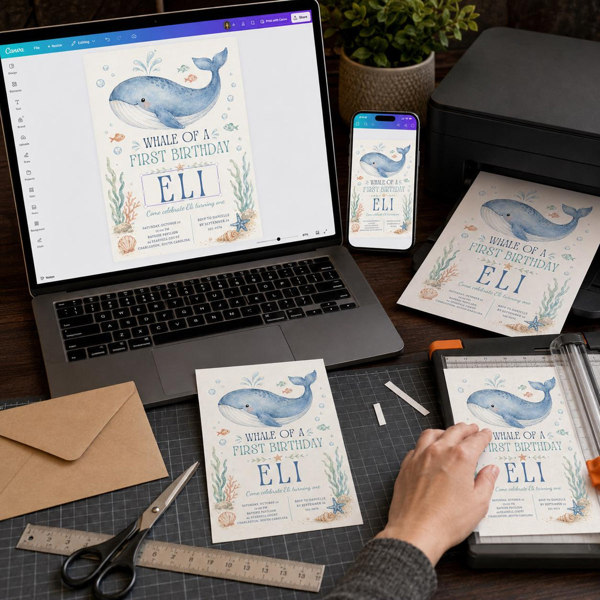 Whale First Birthday Invitation, Whale of a First Birthday Invite, Ocean Party Editable Canva Template