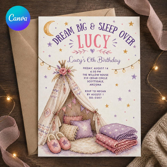 Sleepover Birthday Invitation, Girls Slumber Party Invite, Teepee Pajama Party 6th Birthday, Editable Canva Template