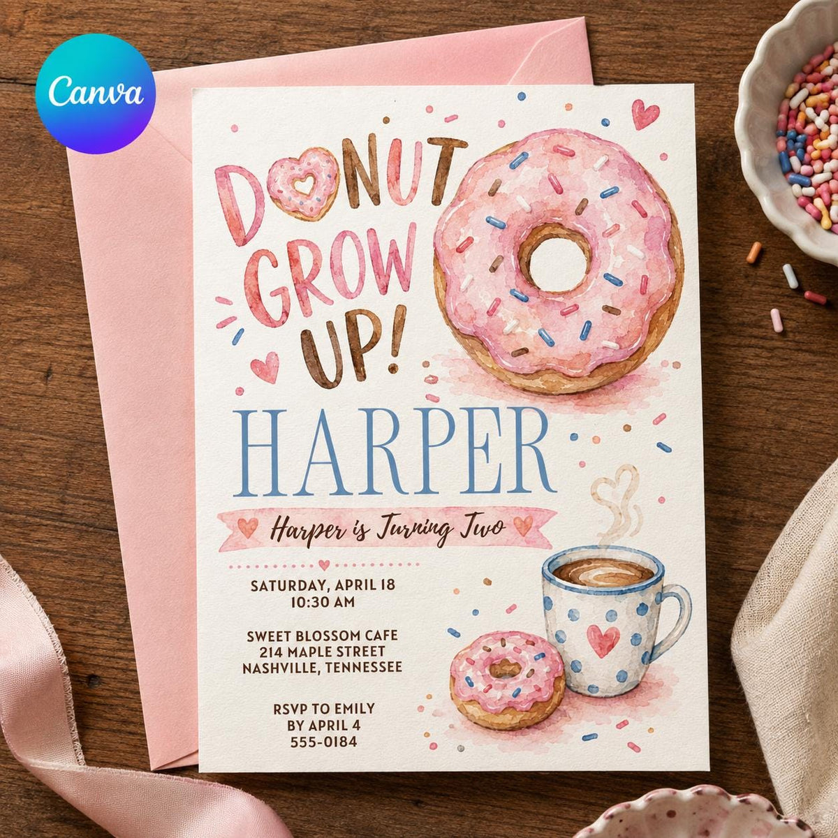 Donut 2nd Birthday Invitation, Donut Grow Up Party Invite, Pink Watercolor Donut Birthday, Editable Canva Template