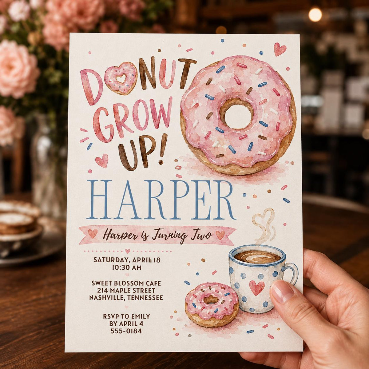 Donut 2nd Birthday Invitation, Donut Grow Up Party Invite, Pink Watercolor Donut Birthday, Editable Canva Template