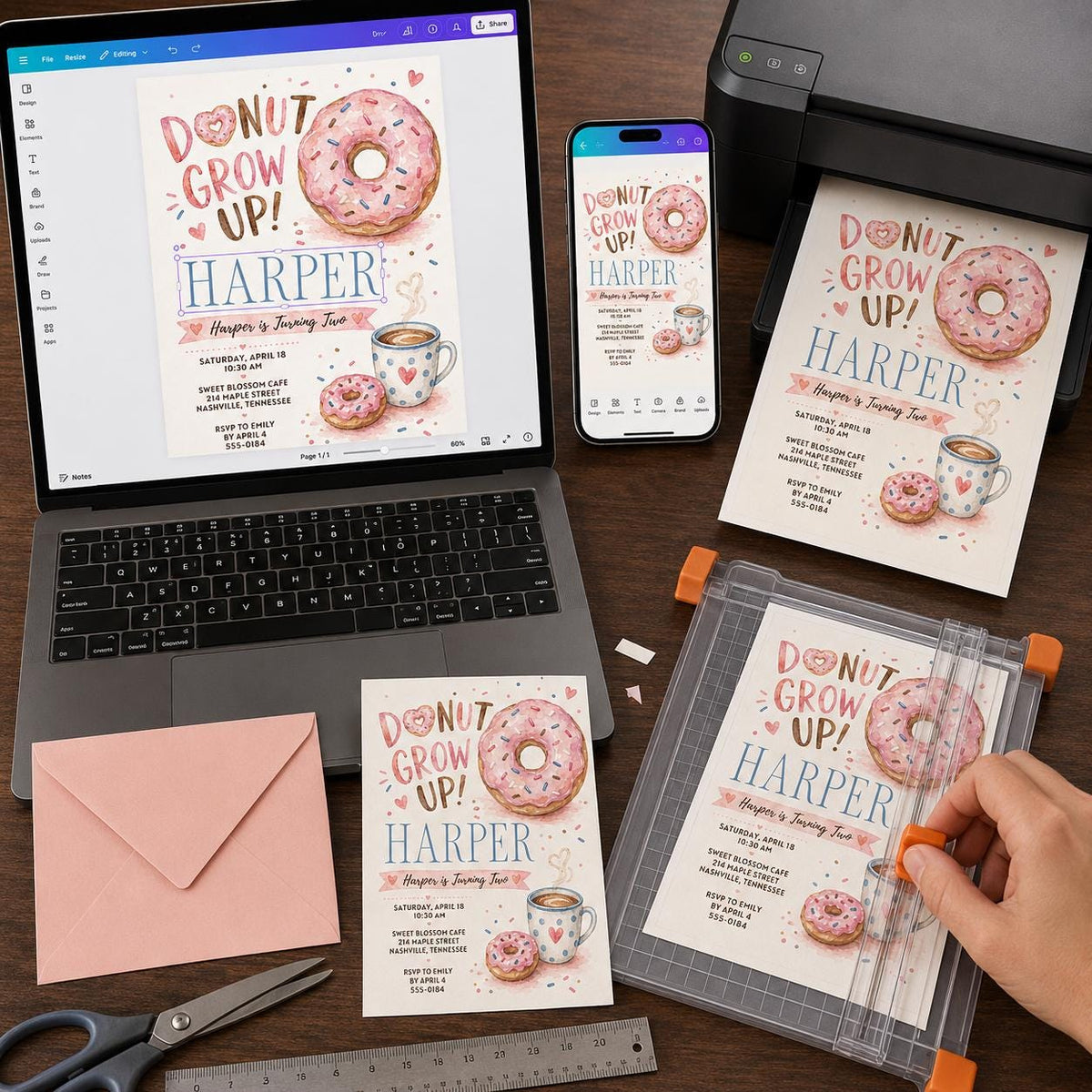 Donut 2nd Birthday Invitation, Donut Grow Up Party Invite, Pink Watercolor Donut Birthday, Editable Canva Template
