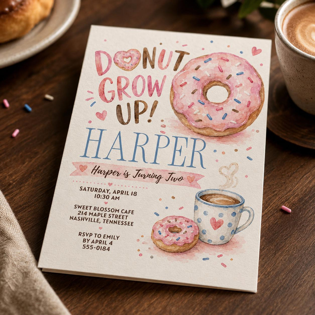 Donut 2nd Birthday Invitation, Donut Grow Up Party Invite, Pink Watercolor Donut Birthday, Editable Canva Template