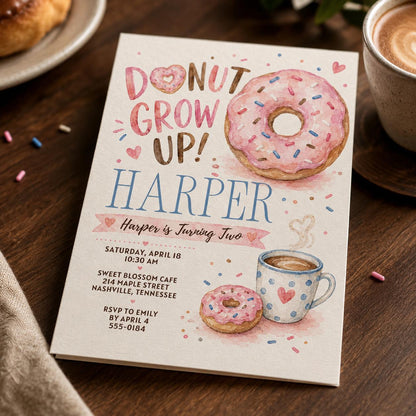 Donut 2nd Birthday Invitation, Donut Grow Up Party Invite, Pink Watercolor Donut Birthday, Editable Canva Template